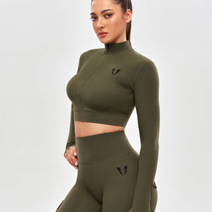 Stand Collar Crop Top - Combat Green