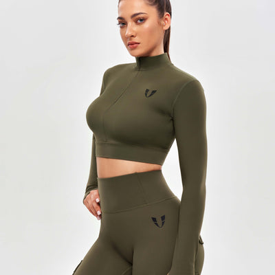 Stand Collar Crop Top - Combat Green