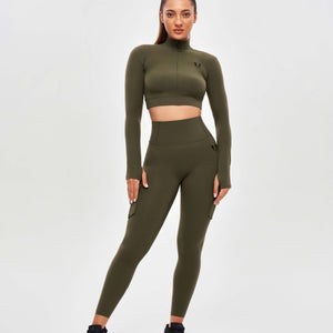 Stand Collar Crop Top - Combat Green