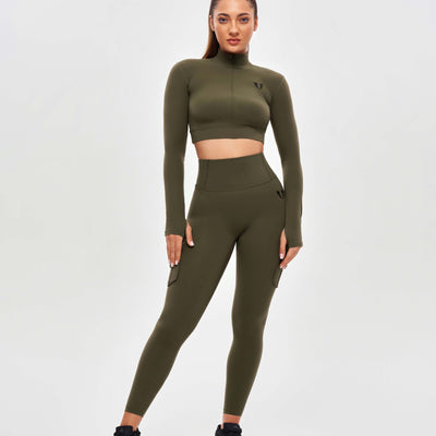 Stand Collar Crop Top - Combat Green