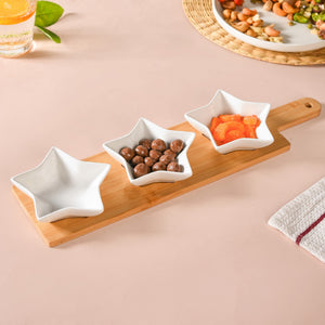 Set Of 3 White Star Ceramic Bowls With Wooden Tray 80ml