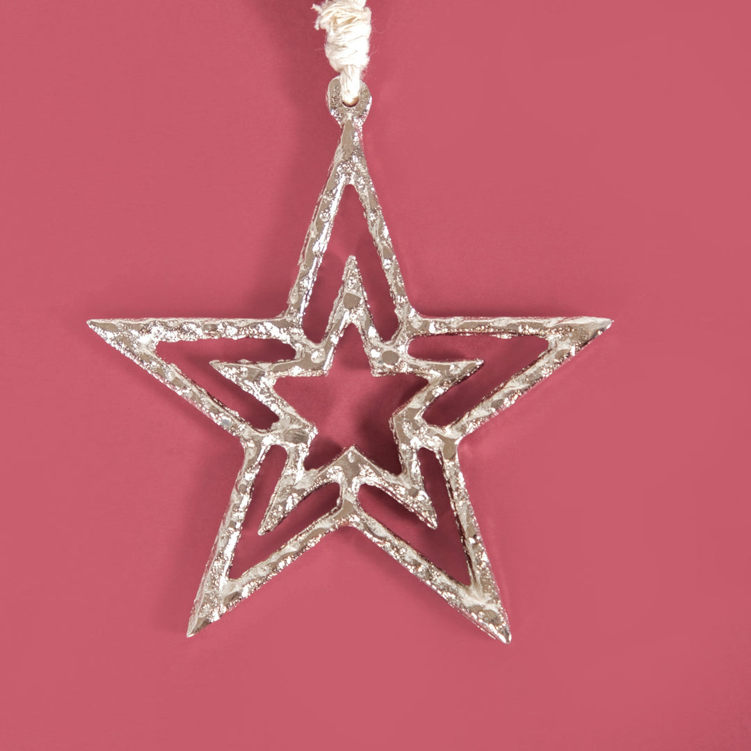 Set Of 6 Silver Star Christmas Tree Decoration Ornaments