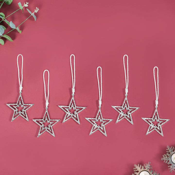 Set Of 6 Silver Star Christmas Tree Decoration Ornaments