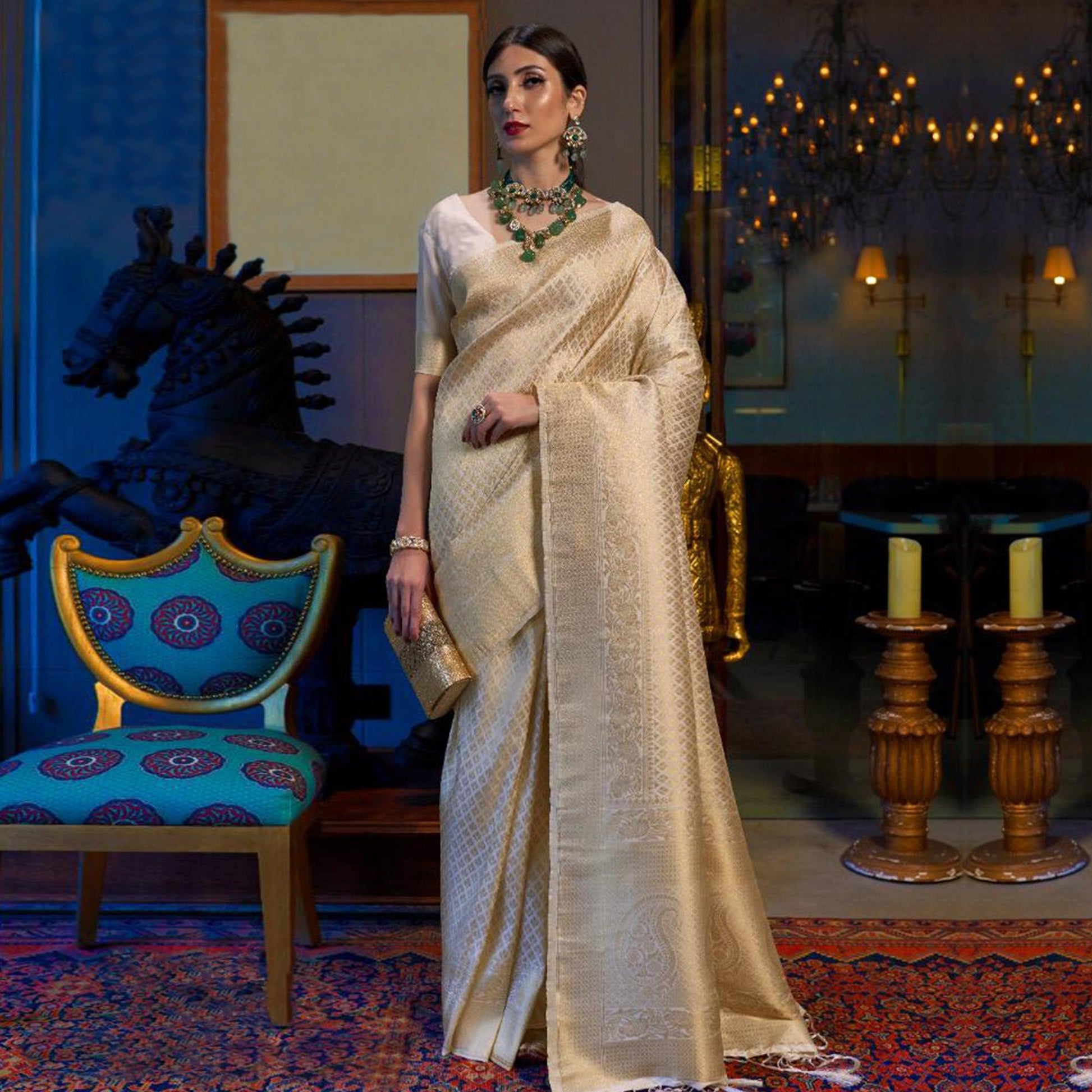 Cream Woven Art Silk Saree With Tassels