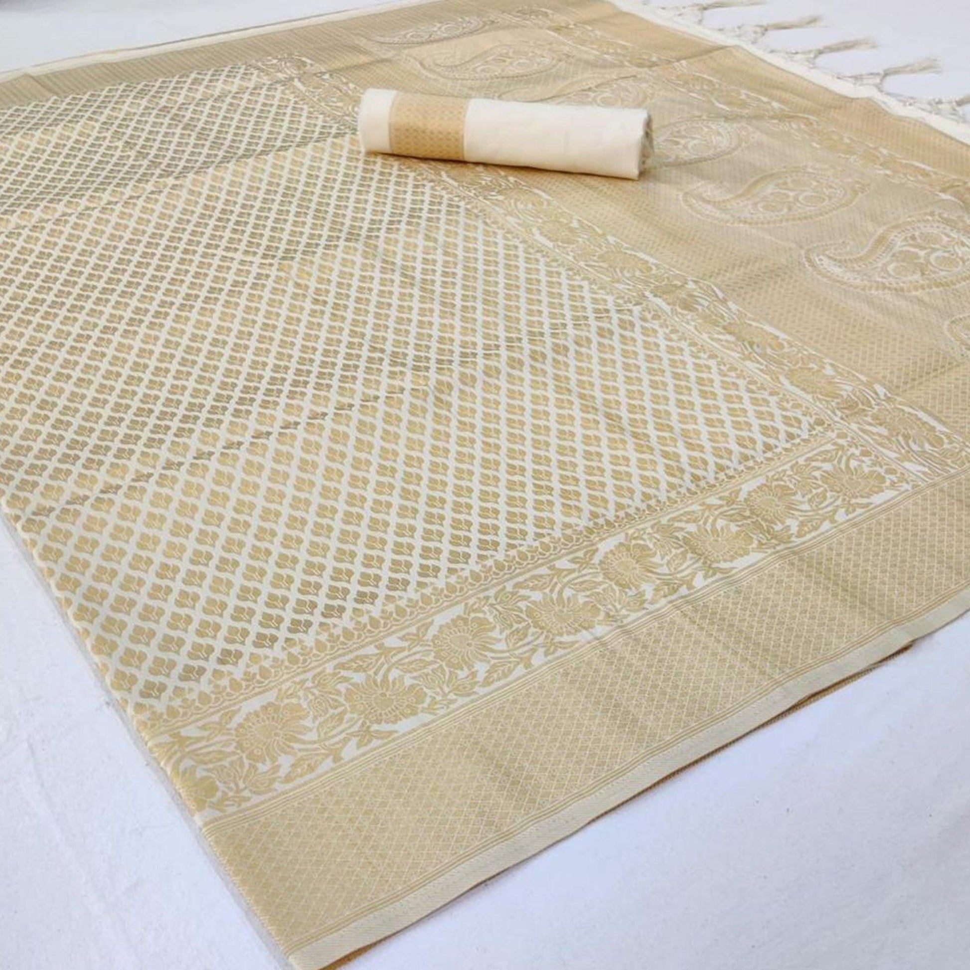 Cream Woven Art Silk Saree With Tassels