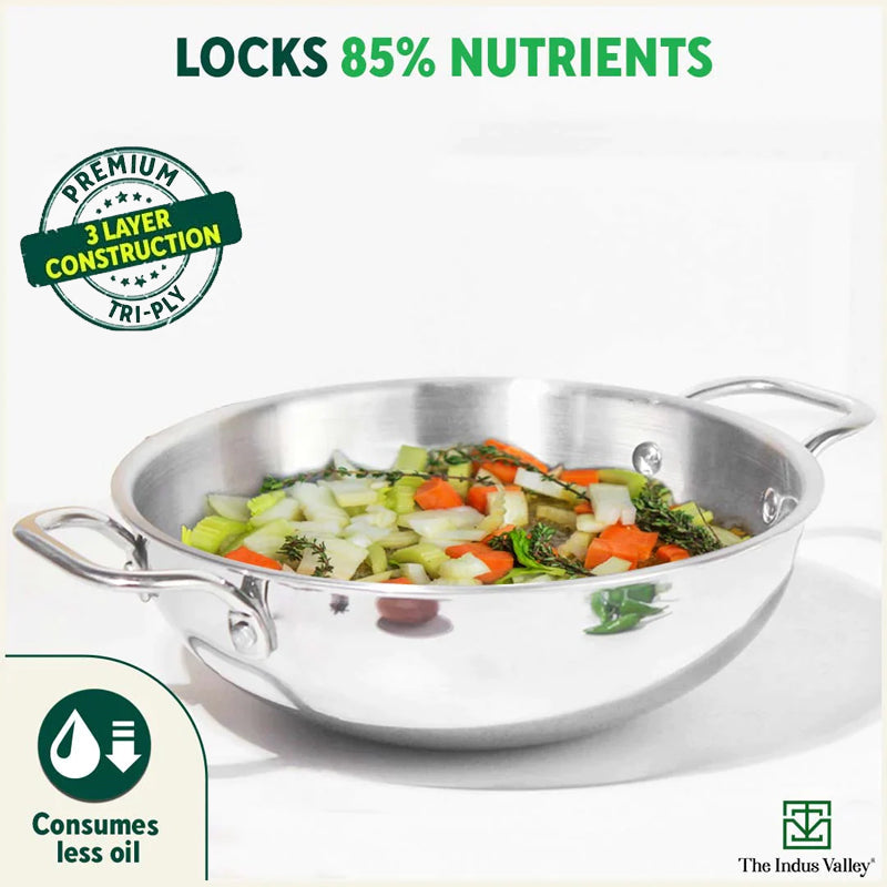 TurboCuk Tri-ply Stainless Steel Kadai+ Glass Lid, Premium Quality, 3 Layer Thick Body, 100% Toxin-free, Non-stick, Induction & Gas, 1.7/2.7/4L