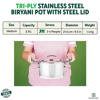 TurboCuk Tri-ply Stainless Steel Casserole/Biryani Cooking Pot+ Steel Lid, Premium 3 Layer Body, Cool Silicone Handles, Induction, Non-stick, 2.9L
