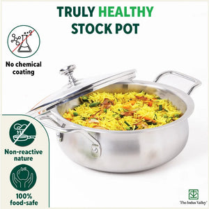 TurboCuk Tri-ply Biryani Cooking Pot/Casserole+ Glass Lid, Wide Handi Shape, Premium Quality, 3 Layer Thick Body, 100% Toxin-free, Non-stick, Induction & Gas, 2L