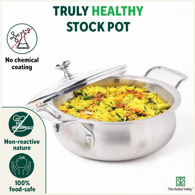 TurboCuk Tri-ply Biryani Cooking Pot/Casserole+ Glass Lid, Wide Handi Shape, Premium Quality, 3 Layer Thick Body, 100% Toxin-free, Non-stick, Induction & Gas, 2L
