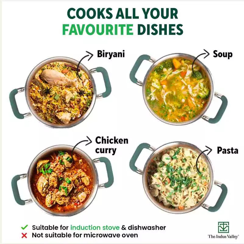 TurboCuk Tri-ply Stainless Steel Casserole/Biryani Cooking Pot+ Steel Lid, Premium 3 Layer Body, Cool Silicone Handles, Induction, Non-stick, 2.9L