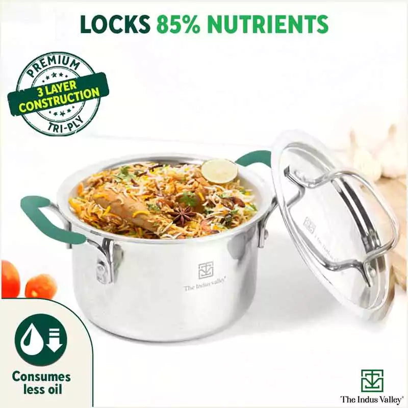 TurboCuk Tri-ply Stainless Steel Casserole/Biryani Cooking Pot+ Steel Lid, Premium 3 Layer Body, Cool Silicone Handles, Induction, Non-stick, 2.9L