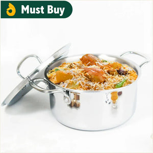 TurboCuk Tri-ply Stainless Steel Casserole/ Biryani Cooking Pot+ Steel Lid, Premium Quality, 3 Layer Thick Body, 100% Toxin-free, Non-stick, Induction & Gas, 3.1L