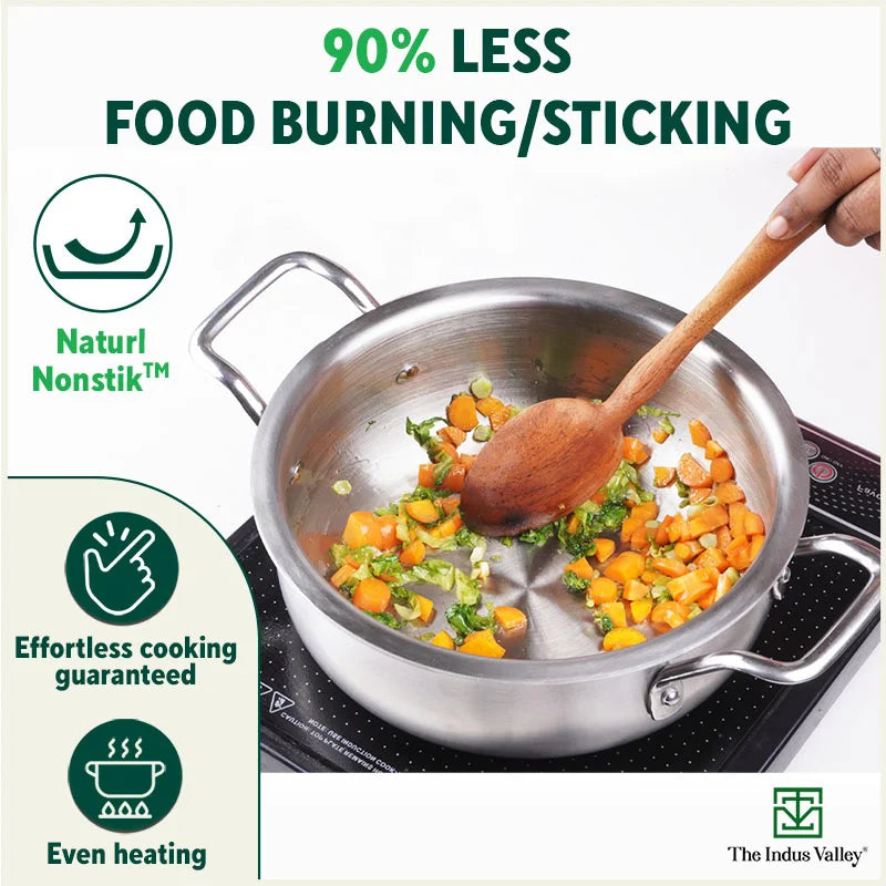 TurboCuk Tri-ply Biryani Cooking Pot/Casserole+ Glass Lid, Wide Handi Shape, Premium Quality, 3 Layer Thick Body, 100% Toxin-free, Non-stick, Induction & Gas, 2L