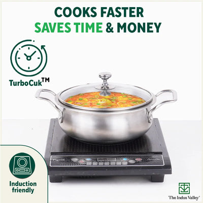 TurboCuk Tri-ply Biryani Cooking Pot/Casserole+ Glass Lid, Wide Handi Shape, Premium Quality, 3 Layer Thick Body, 100% Toxin-free, Non-stick, Induction & Gas, 2L