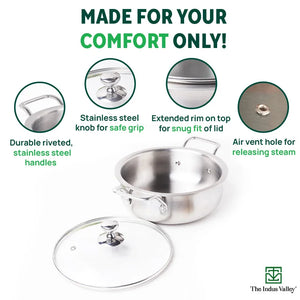 TurboCuk Tri-ply Biryani Cooking Pot/Casserole+ Glass Lid, Wide Handi Shape, Premium Quality, 3 Layer Thick Body, 100% Toxin-free, Non-stick, Induction & Gas, 2L