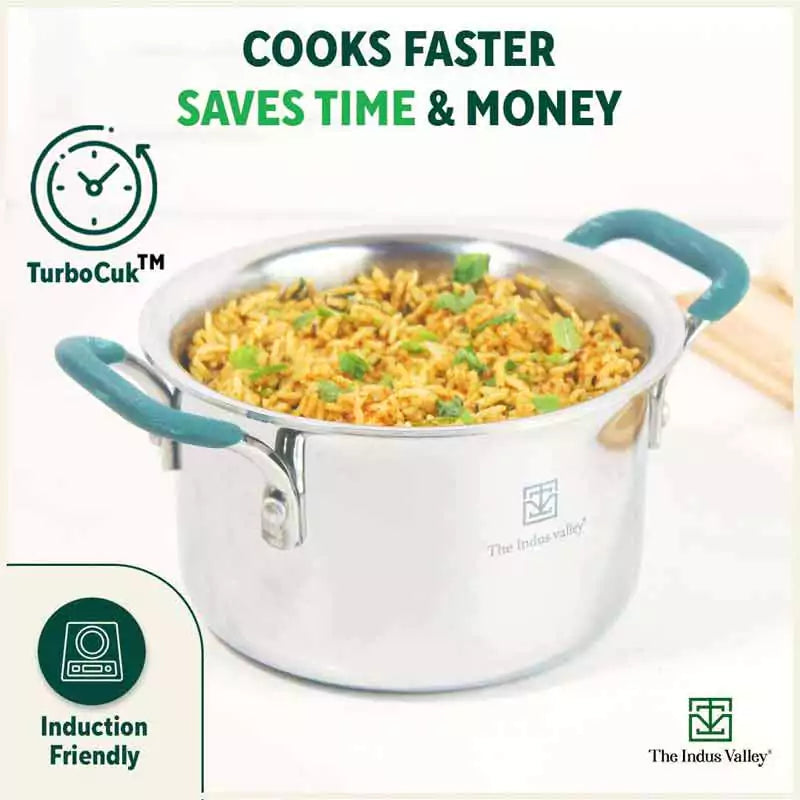 TurboCuk Tri-ply Stainless Steel Cokware Set: Free ₹600 Wooden Board+ Kadai+ Biryani Pot, Premium Quality, 3 Layer Thick Body, 100% Toxin-free, Non-stick, Induction & Gas