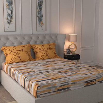 Fitted King Size Cotton Bedsheet - Stripes Mustard