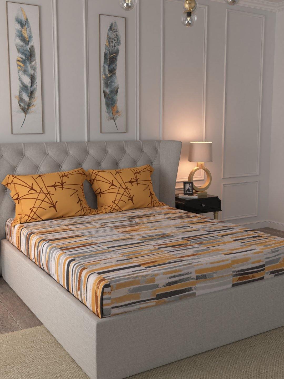 Fitted King Size Cotton Bedsheet - Stripes Mustard