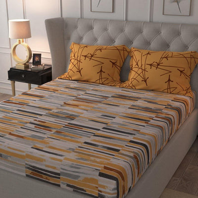 Fitted King Size Cotton Bedsheet - Stripes Mustard