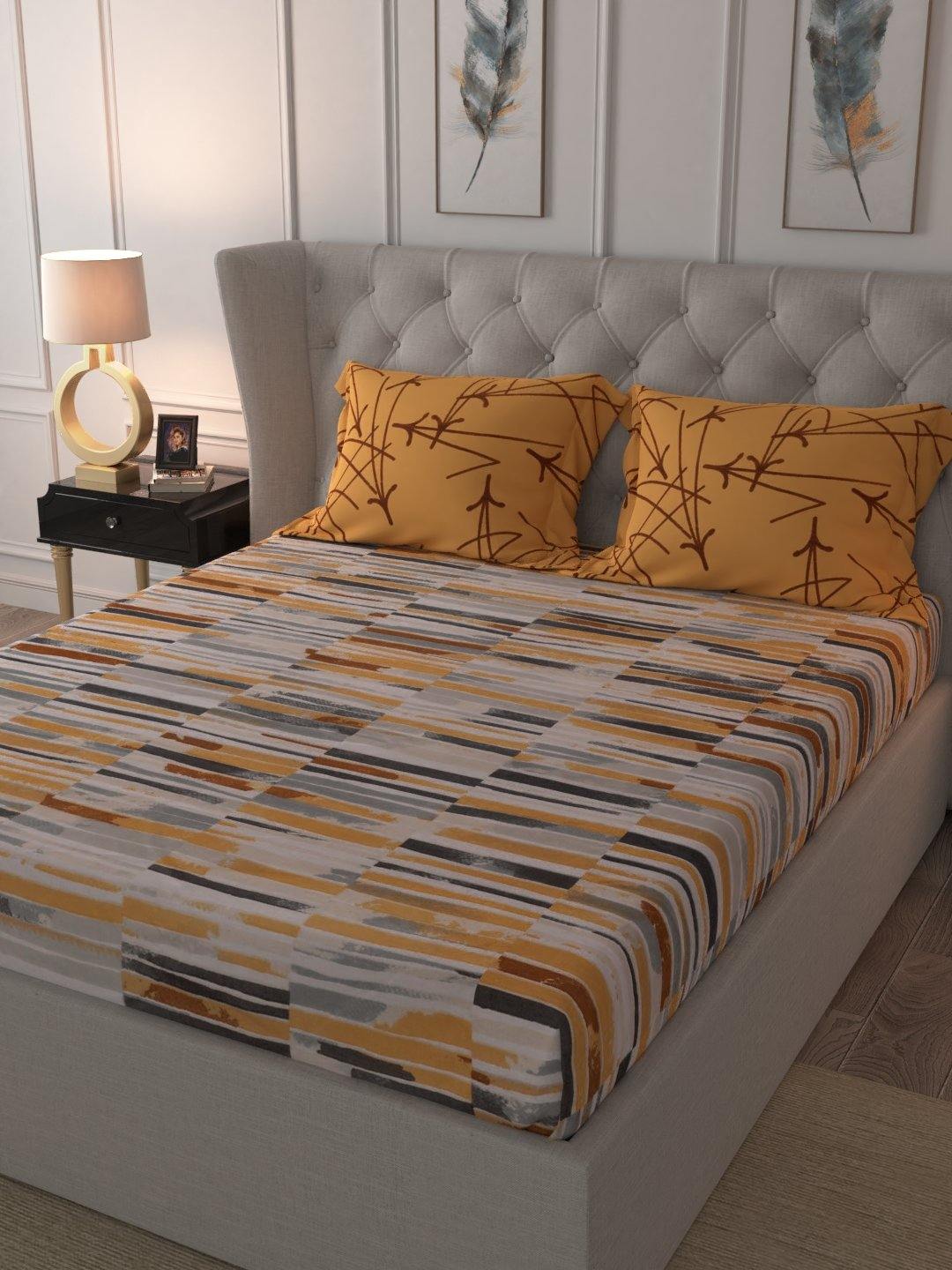 Fitted King Size Cotton Bedsheet - Stripes Mustard