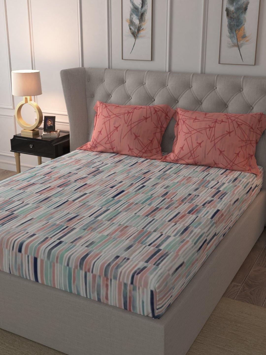 Fitted King Size Cotton Bedsheet - Stripes Pink