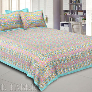 Cyan Border Multi Color Patchrs Screen Print Cotton Double Bed Sheet