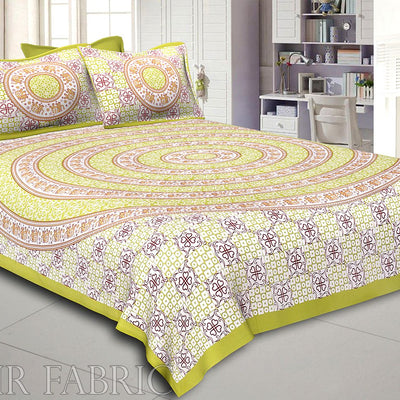 Dark Khaki Border Circle Elephant Pattern Screen Print Cotton Double Bed Sheet