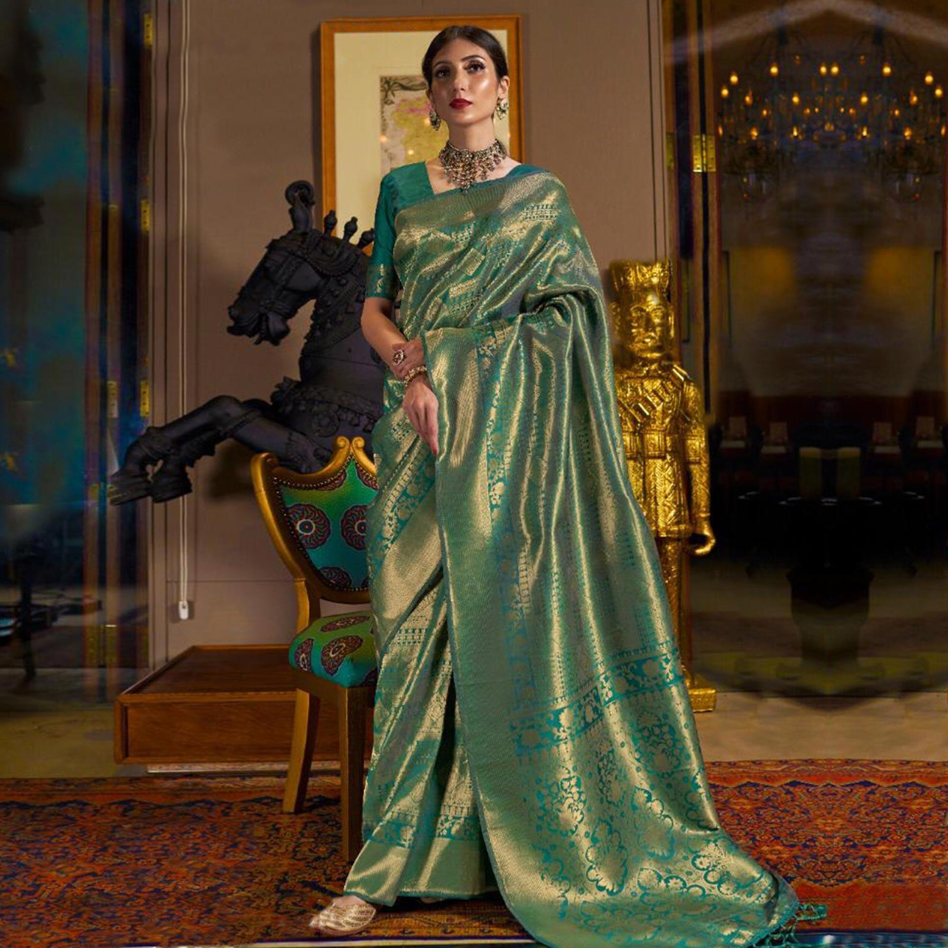 surpassing-green-colored-festive-wear-woven-silk-saree-with-tassels-84176
