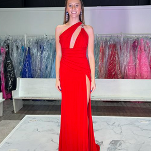 Jersey Fitted One Shoulder Slit Gown by Jovani 02543