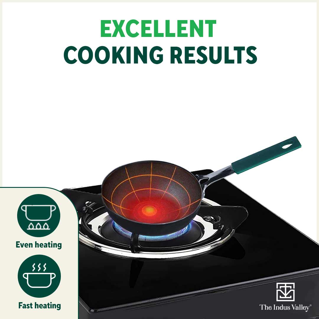 100% Pure Sheet Iron Tadka Pan, Silicone Handle, Seasoned, Toxin-free, 13.3cm / 0.43ml