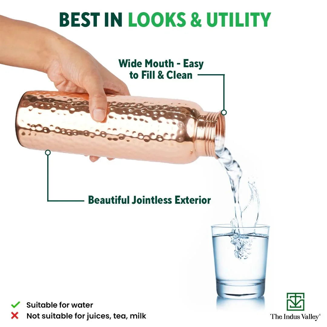 100% Pure Copper Water Bottle, 700ml, Hammered, Healthy, Toxin-free,Builds Immunity, Doctor Approved
