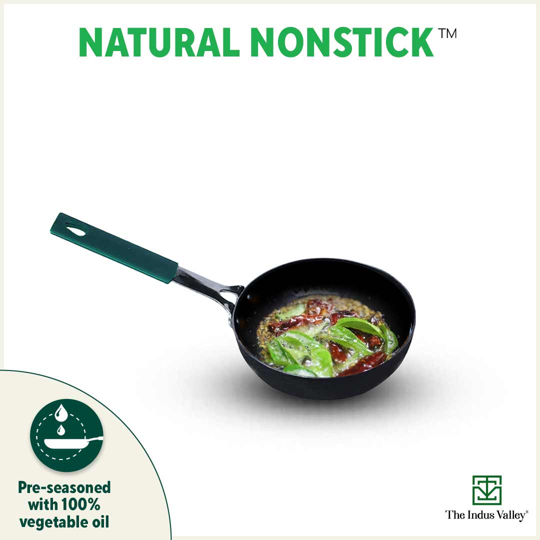 100% Pure Sheet Iron Tadka Pan, Silicone Handle, Seasoned, Toxin-free, 13.3cm / 0.43ml