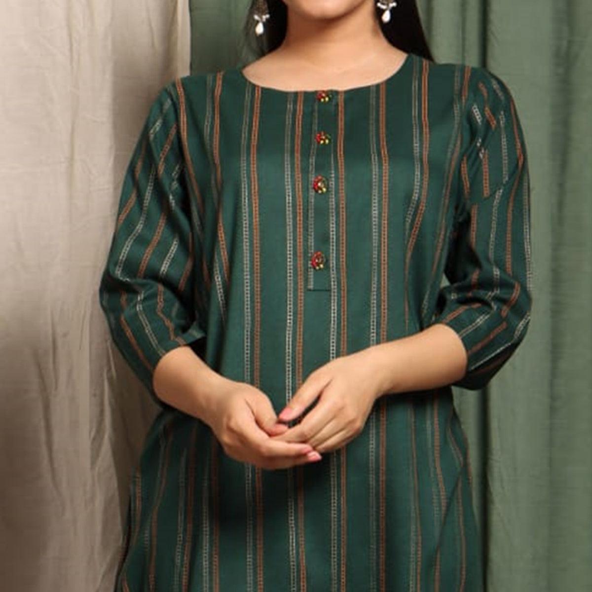 teal-blue-casual-wear-stripes-printed-cotton-kurti-106408