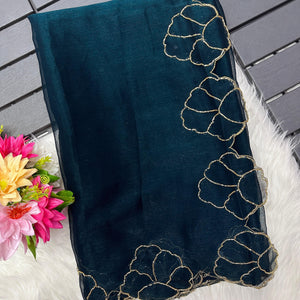 Teal Blue Lotus Jari Silk Saree with Exquisite Golden Handwork & Running Blouse