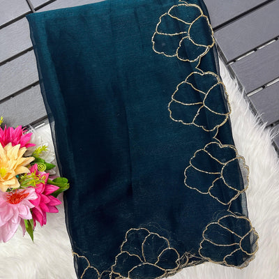 Teal Blue Lotus Jari Silk Saree with Exquisite Golden Handwork & Running Blouse