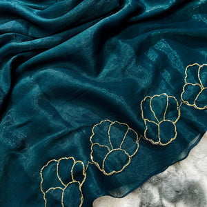 Teal Blue Lotus Jari Silk Saree with Exquisite Golden Handwork & Running Blouse