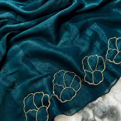 Teal Blue Lotus Jari Silk Saree with Exquisite Golden Handwork & Running Blouse