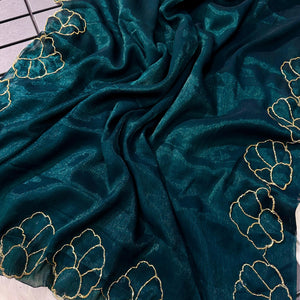 Teal Blue Lotus Jari Silk Saree with Exquisite Golden Handwork & Running Blouse