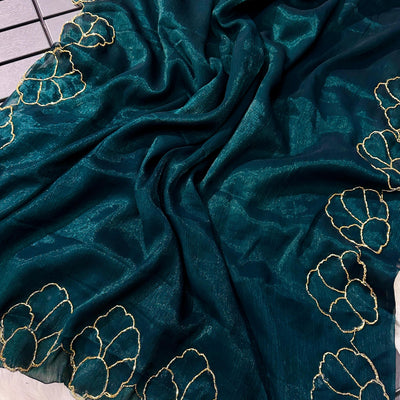Teal Blue Lotus Jari Silk Saree with Exquisite Golden Handwork & Running Blouse