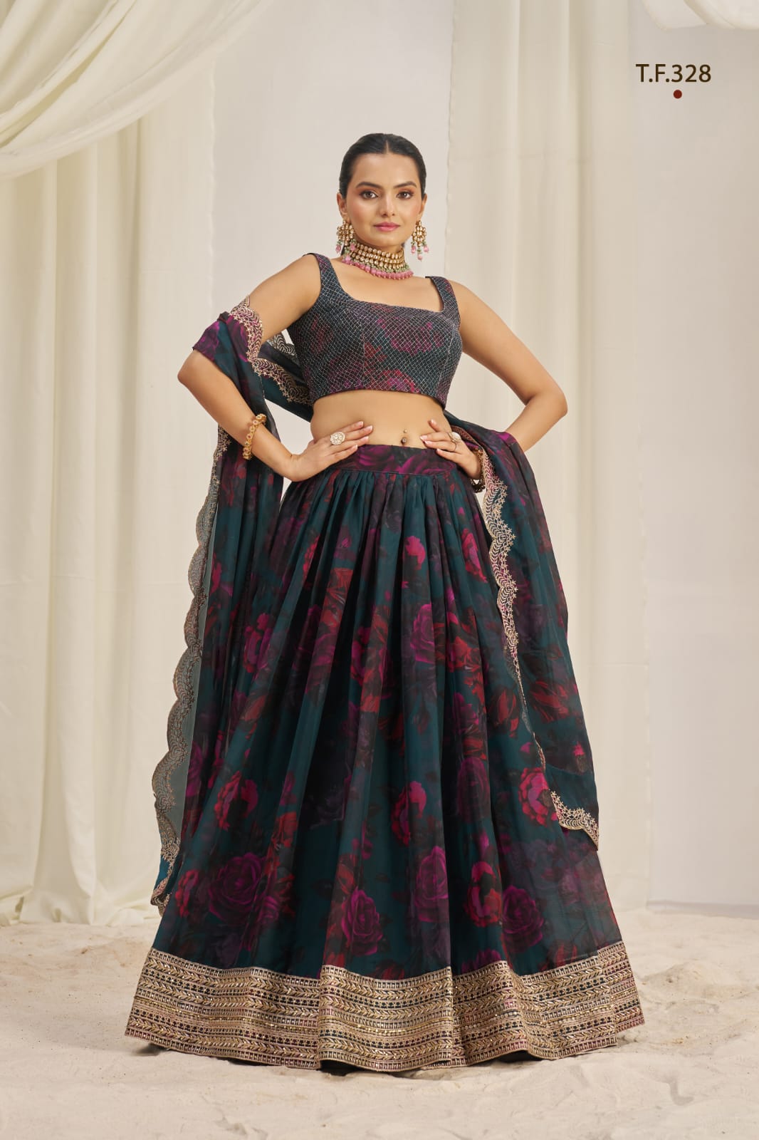 Teal Printed Organza Semi-Stitch Lehenga Choli with Zari, Dori, and Sequins Work
