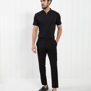 Rare Rabbit Men's Temper Black Cotton Fabric Baseball Stand Collared Neck Zipper Closure Half Sleeves Polo T-Shirt