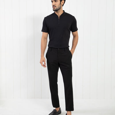 Rare Rabbit Men's Temper Black Cotton Fabric Baseball Stand Collared Neck Zipper Closure Half Sleeves Polo T-Shirt