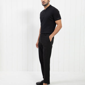 Rare Rabbit Men's Temper Black Cotton Fabric Baseball Stand Collared Neck Zipper Closure Half Sleeves Polo T-Shirt