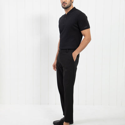Rare Rabbit Men's Temper Black Cotton Fabric Baseball Stand Collared Neck Zipper Closure Half Sleeves Polo T-Shirt