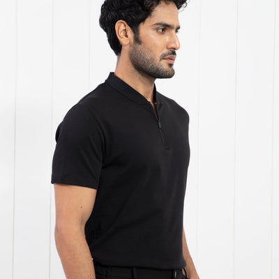 Rare Rabbit Men's Temper Black Cotton Fabric Baseball Stand Collared Neck Zipper Closure Half Sleeves Polo T-Shirt