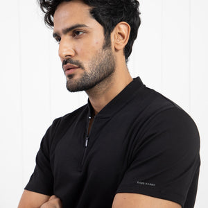 Rare Rabbit Men's Temper Black Cotton Fabric Baseball Stand Collared Neck Zipper Closure Half Sleeves Polo T-Shirt