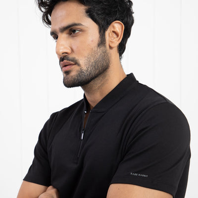 Rare Rabbit Men's Temper Black Cotton Fabric Baseball Stand Collared Neck Zipper Closure Half Sleeves Polo T-Shirt