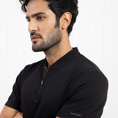 Rare Rabbit Men's Temper Black Cotton Fabric Baseball Stand Collared Neck Zipper Closure Half Sleeves Polo T-Shirt