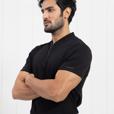 Rare Rabbit Men's Temper Black Cotton Fabric Baseball Stand Collared Neck Zipper Closure Half Sleeves Polo T-Shirt