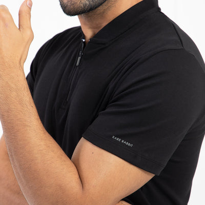 Rare Rabbit Men's Temper Black Cotton Fabric Baseball Stand Collared Neck Zipper Closure Half Sleeves Polo T-Shirt